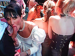 Video Clips of night club wedding reception party with lots of brides in sexy silk and satin outfits going down on the grooms or each other at drunk sex party voyeur video #2