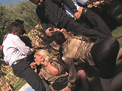 Girls in black and gold silk blouses and skirts kick off big satin fetish orgy outside by the pool. voyeur video #3